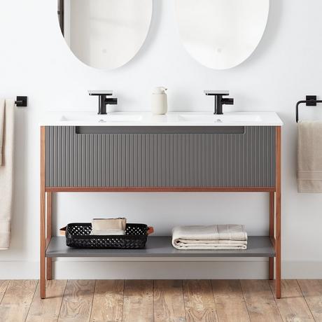 48" Bisbee Console Double Vanity and Sinks - Muted Gray with Warm Oak Frame